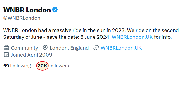 Today we celebrate 20,001 followers! Will you all come ride with us in 2024?  That would truly be something special.  Thanks to all our participants and supporters!

#WNBR #London #cycling #bikeride #protest #climatechange #environment #oildependency #bodypositivity #wnbrlondon