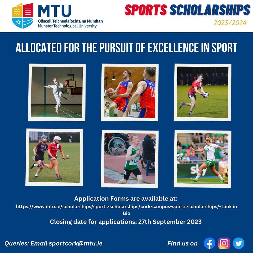 📣 Applications are now being accepted for the <a href="/MTUCork_Sports/">MTU Cork Campus Sports Department</a> Scholarships 2023/2024.

More information &amp; the application form can be found on mtu.ie/scholarships/s… 

The closing date for applications is Wednesday 27th September 2023 at 4pm. #MTUAbú 🔴⚪️