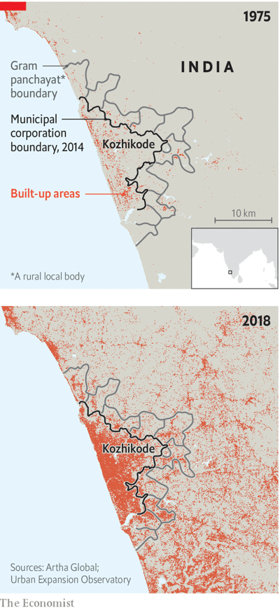 Artha__Global's tweet photo. @Artha__Global’s urban work was featured in this week's @TheEconomist. The article uses @UXO_India's and our maps of Kozhikode’s expansion from 1975-2018 to highlight the challenges of urban sprawl, and recommends empowering local governments to effectively respond to them. https://t.co/lTUzX1MoIn