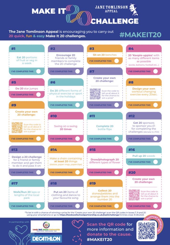 Leeds Well School Partnership (@leedswellschool) on Twitter photo Need some ideas of what to do this weekend? Have a go at the #makeit20 challenges and be in with the chance to win a prize and support the <a href="/janesappeal/">JaneTomlinson Appeal</a> at the same time! Have fun! 🤩 😃 rb.gy/e76jk Need some ideas of what to do this weekend? Have a go at the #makeit20 challenges and be in with the chance to win a prize and support the <a href="/janesappeal/">JaneTomlinson Appeal</a> at the same time! Have fun! 🤩 😃 rb.gy/e76jk