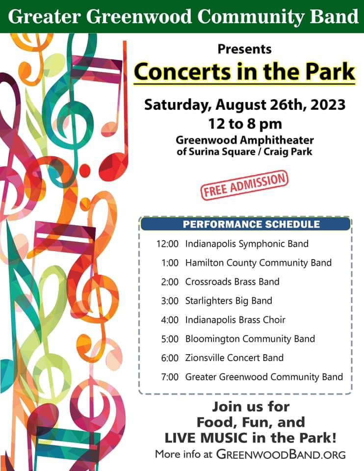 Next Saturday August 26th a great series of concerts at the Greenwood Amphitheater. Bring a lawn chair and the whole family. Mr. C is playing tuba in the Greater Greenwood Community Band. It’s always nice to look up and see familiar faces in the audience. And it’s free!
