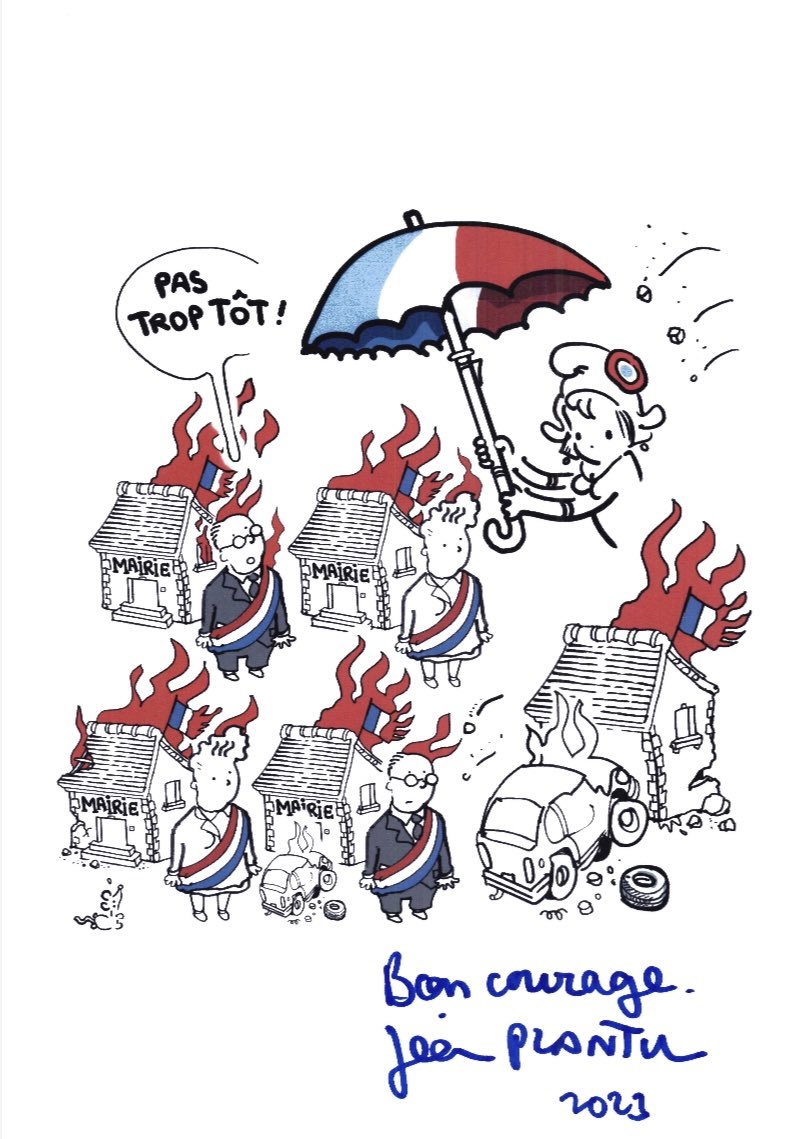 Un grand merci à vous, <a href="/plantu/">PLANTU Officiel</a>, de m’avoir offert ces deux dessins de votre création. 

Une attention touchante qui me permet de réaffirmer mon soutien et ma solidarité à toutes les victimes des violences contre les élus. 

Je pense spécialement aux élus de petites villes et de