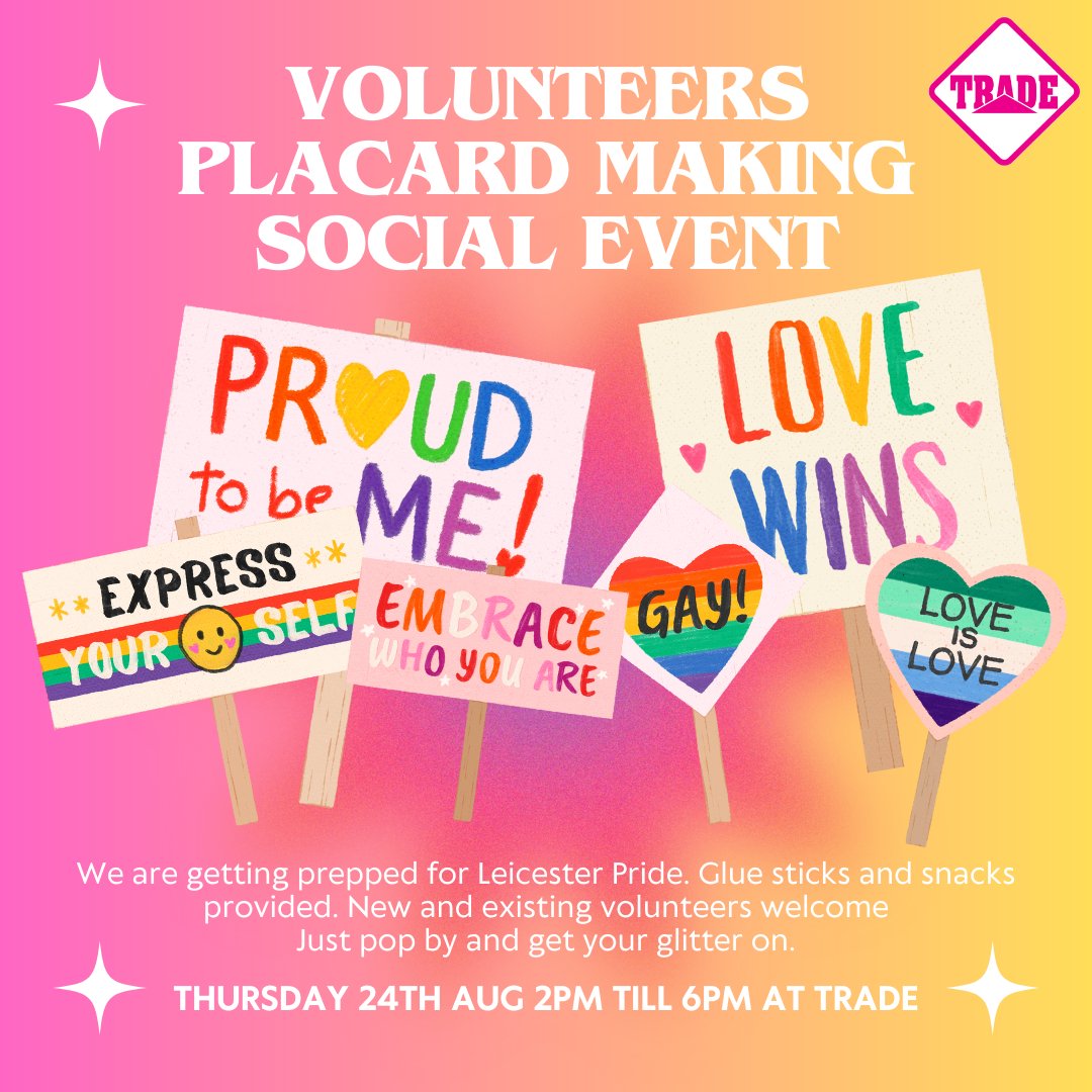 Reminder it's the Volunteer placard making social event 🏳️‍🌈 

📌Trade Office 
👉2pm - 6pm
👉Thursday 24th August  

We'll be making placards all afternoon. Just pop by and get involved.   

#LGBT #lgbtqhealth #stitesting #stihealth #wellbeing #STIs #Pride