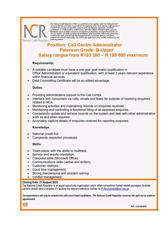 CarolBoitumelo1's tweet photo. Call Center Administrator 

Send CV quoting the relevant reference number to IF-Recruitment@ncr.org.za 

Closing Date : 21 August 2023 https://t.co/DWuviYOoGu