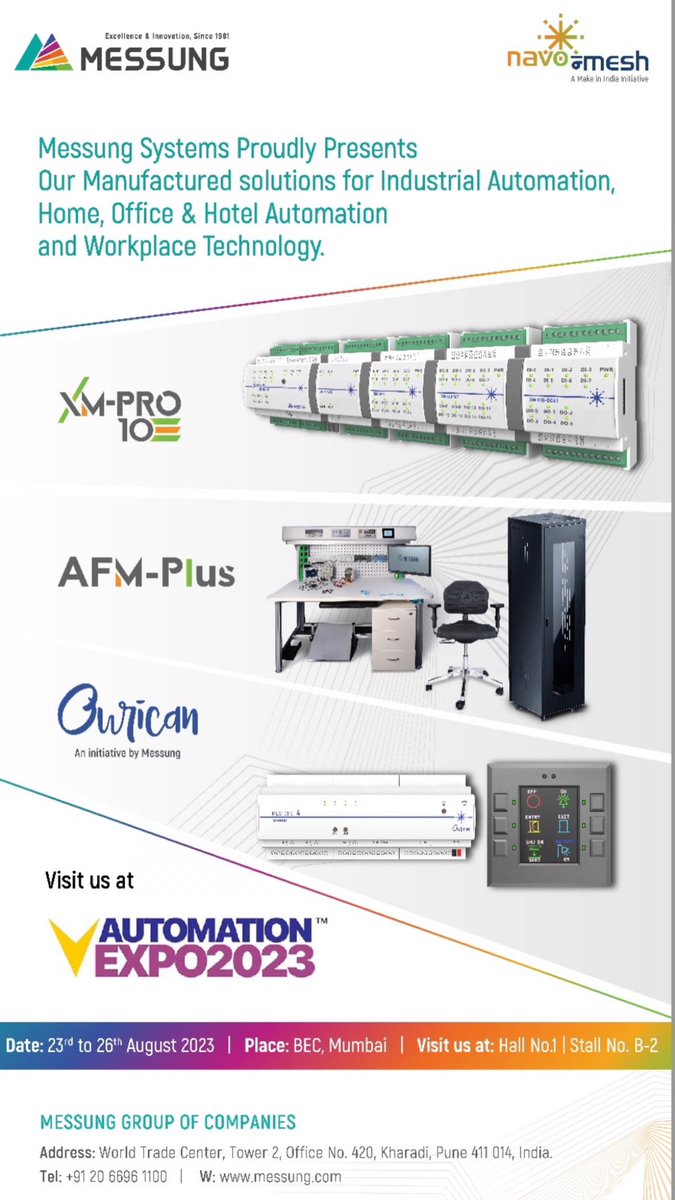 Three businesses, all three indigenous, designed and manufactured in Pune India:
OURICAN home automation on KNX.
Xmpro-10 Industrial controls (PLC) 
Afm-Servrex-plus range of IT Server racks
And the Afm-plus- ESD range of tables and chairs. @automationexpo2023 @mumbaigoregaon.