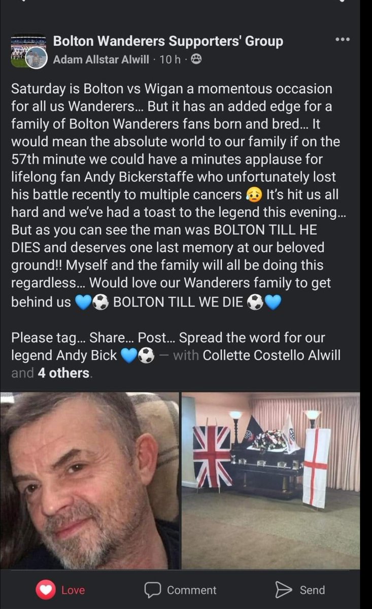 alwill94's tweet photo. If we could make this happen it would be massively appreciated by all our family ❤ Please share this as much as you can so my uncle gets one last big memory from the Wanderers !! Hopefully a special day ahead tomorrow

#BWFC #WAFC #DerbyDay #EFL #football https://t.co/PaskXw49HX