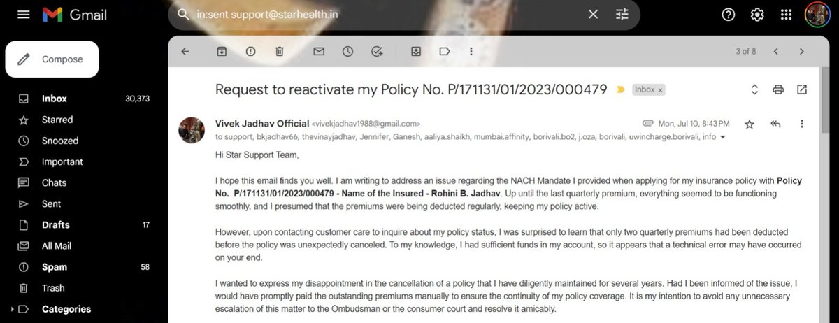vj_0fficial's tweet photo. @StarHealthIns Hi Star Health Team, please resolve my issue on an urgent basis. My Policy No.  P/171131/01/2023/000479 - Insured Name - Rohini B. Jadhav PFA E-mail Screenshot @irdaindia @FinMinIndia @EconomicTimes #starhealth #healthinsurance Regards, Vivek Jadhav +91-9969169379 https://t.co/gUXGdb4Ckv