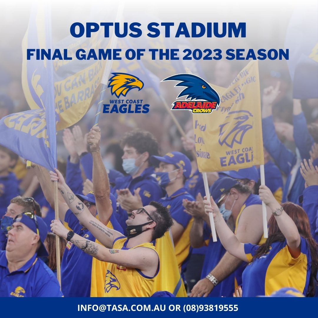 Get down to Optus Stadium for the final clash in WA this season. The Eagles clash with Adelaide Crows in what is promising to be a competitive clash. 

Ensure your seat, get in touch on ☎️ 1800 33 44 23 or 📧 info@tasa.com.au 

#AFL #Perth #WestCoastEagles #AdelaideCrows