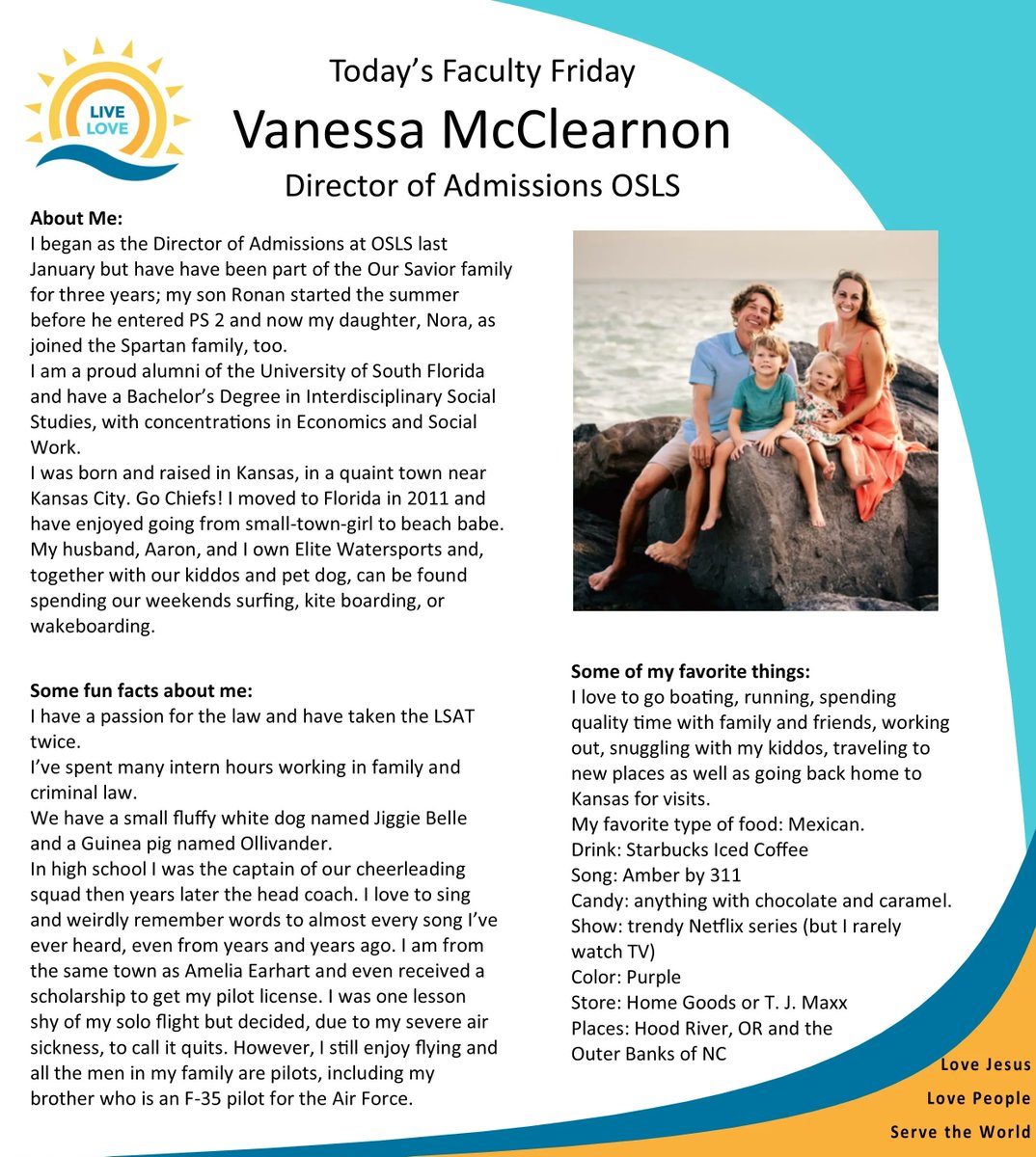 OurSaviorFLsch's tweet image. Today&apos;s Faculty Friday is Vanessa McClearnon, Director of Admissions for #osls! #livelove #golivelove #facultyfriday