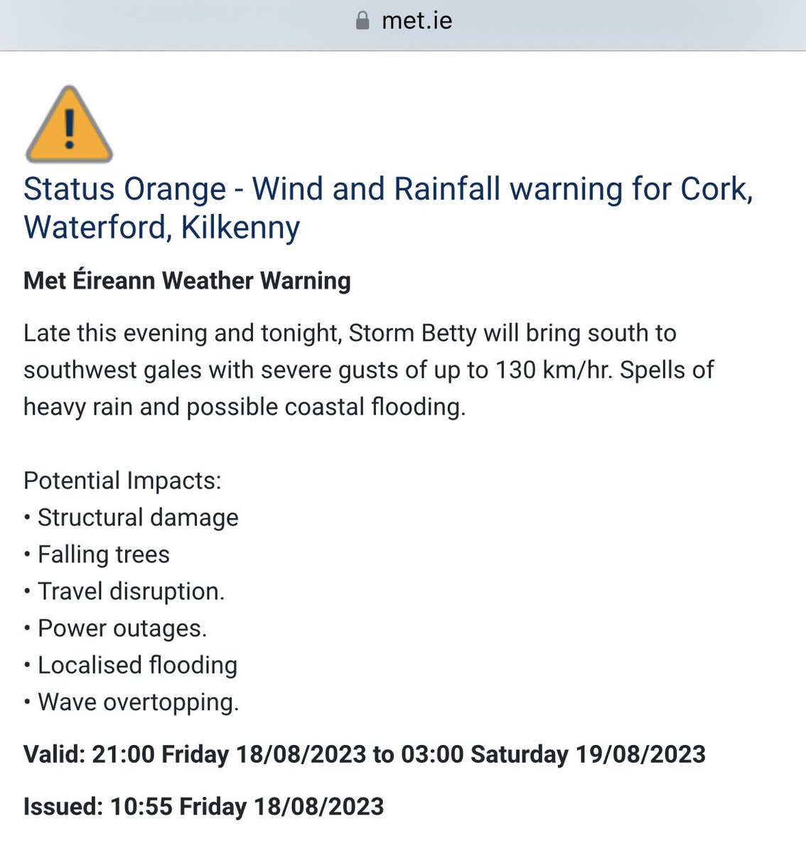 The storm has a name now #StormBetty with new Orange warnings issued for Wind and Rainfall for Cork, Waterford, Kilkenny