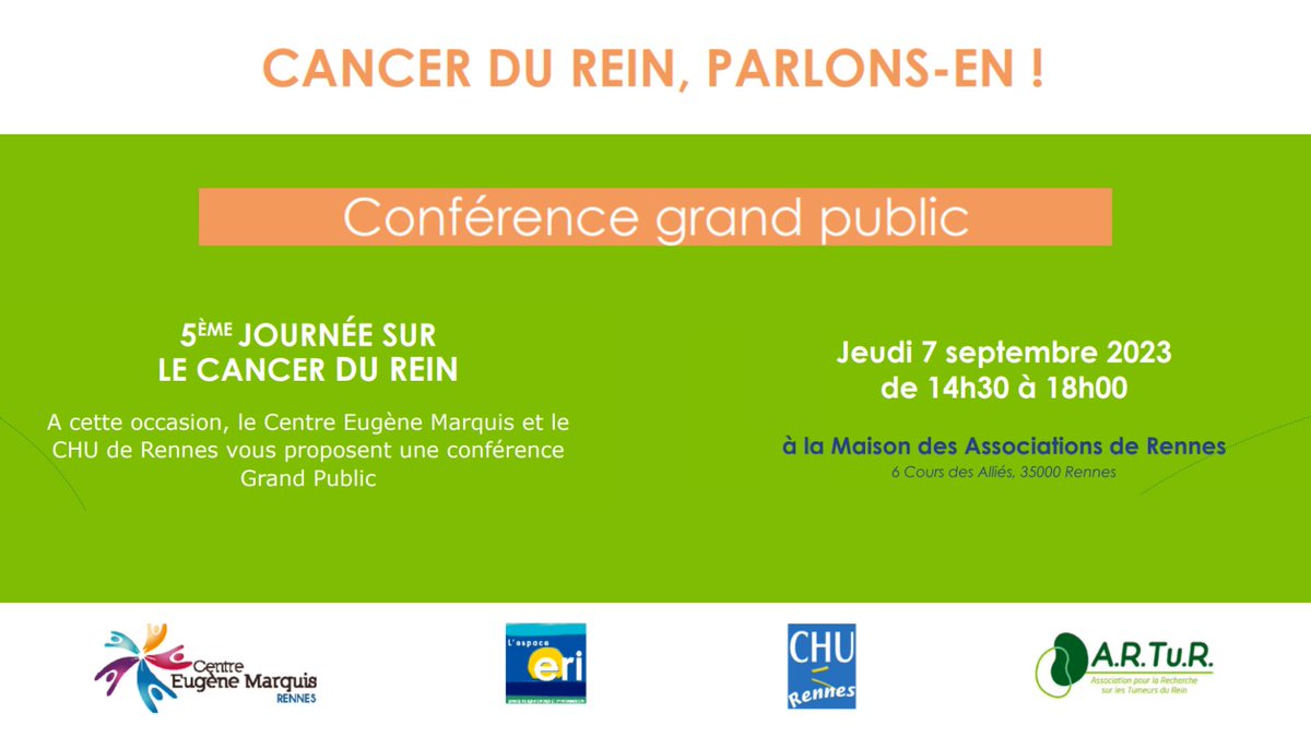 A.R.Tu.R. (@assoartur) on Twitter photo Événement - ARTuR à Rennes
Le jeudi 7 septembre, nous serons à #Rennes pour une #conférence gratuite sur le #CancerDuRein, à la Maison des Associations. Cette rencontre est organisée par le Centre @Eugene_Marquis et le <a href="/CHURennes/">CHU de Rennes</a>.
➡️ Plus d'information : artur-rein.org/actus-artur/ca… Événement - ARTuR à Rennes
Le jeudi 7 septembre, nous serons à #Rennes pour une #conférence gratuite sur le #CancerDuRein, à la Maison des Associations. Cette rencontre est organisée par le Centre @Eugene_Marquis et le <a href="/CHURennes/">CHU de Rennes</a>.
➡️ Plus d'information : artur-rein.org/actus-artur/ca…