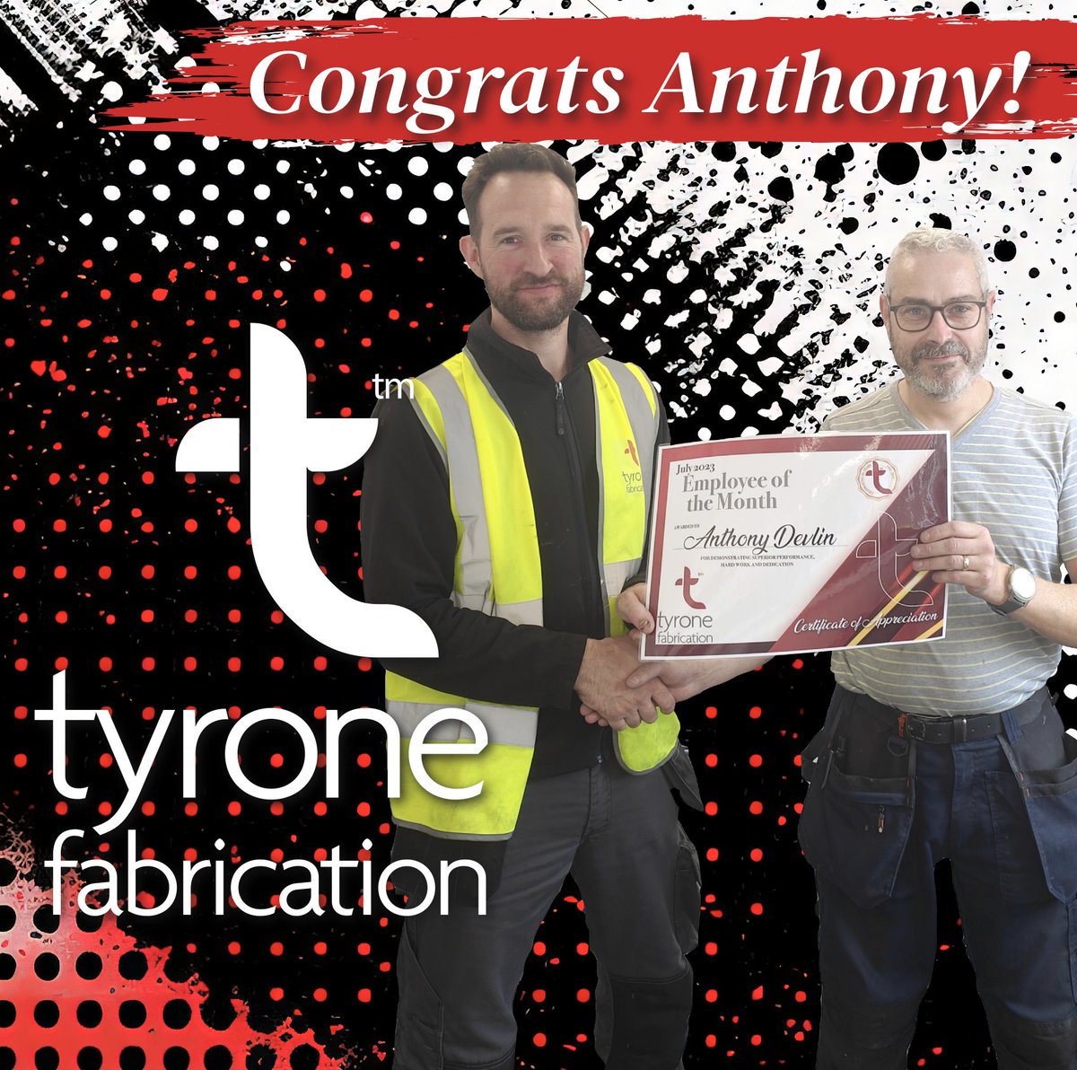 Give us a thumbs up to help congratulate Anthony Devlin from our Tyrone Fabrication Coalisland facility, who is our employee of the month for July.  
His above-average work ethic is clearly evident and shows dedication to his job, hence this recognition &amp; £400 bonus award.
