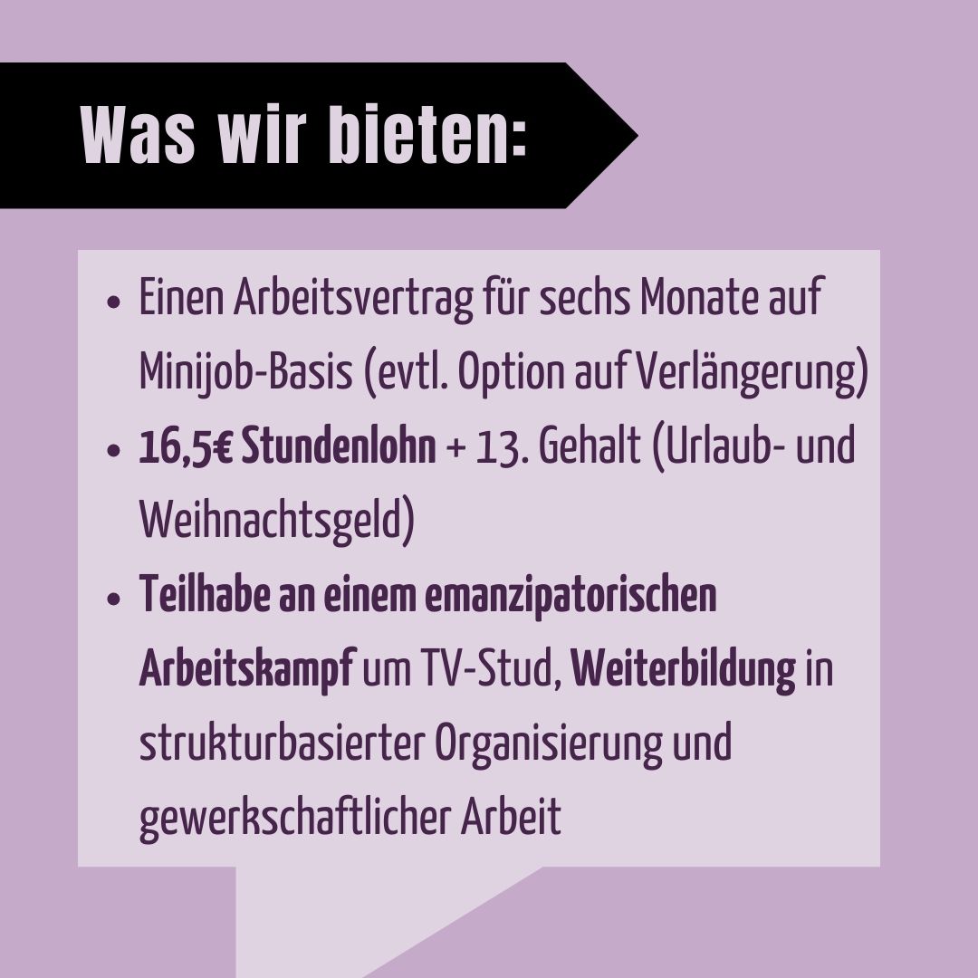 Die Hochschulgewerkschaft #unter_bau sucht Organizer*innen zu Oktober für die #TVStud Kampagne (29 Std./Monat à 16,50 €). Wer Lust auf einen politisch coolen Job mit #Arbeitskampf und #Streik hat, ist genau richtig -- meldet euch gerne!
Mehr Infos: buff.ly/44g6jU4