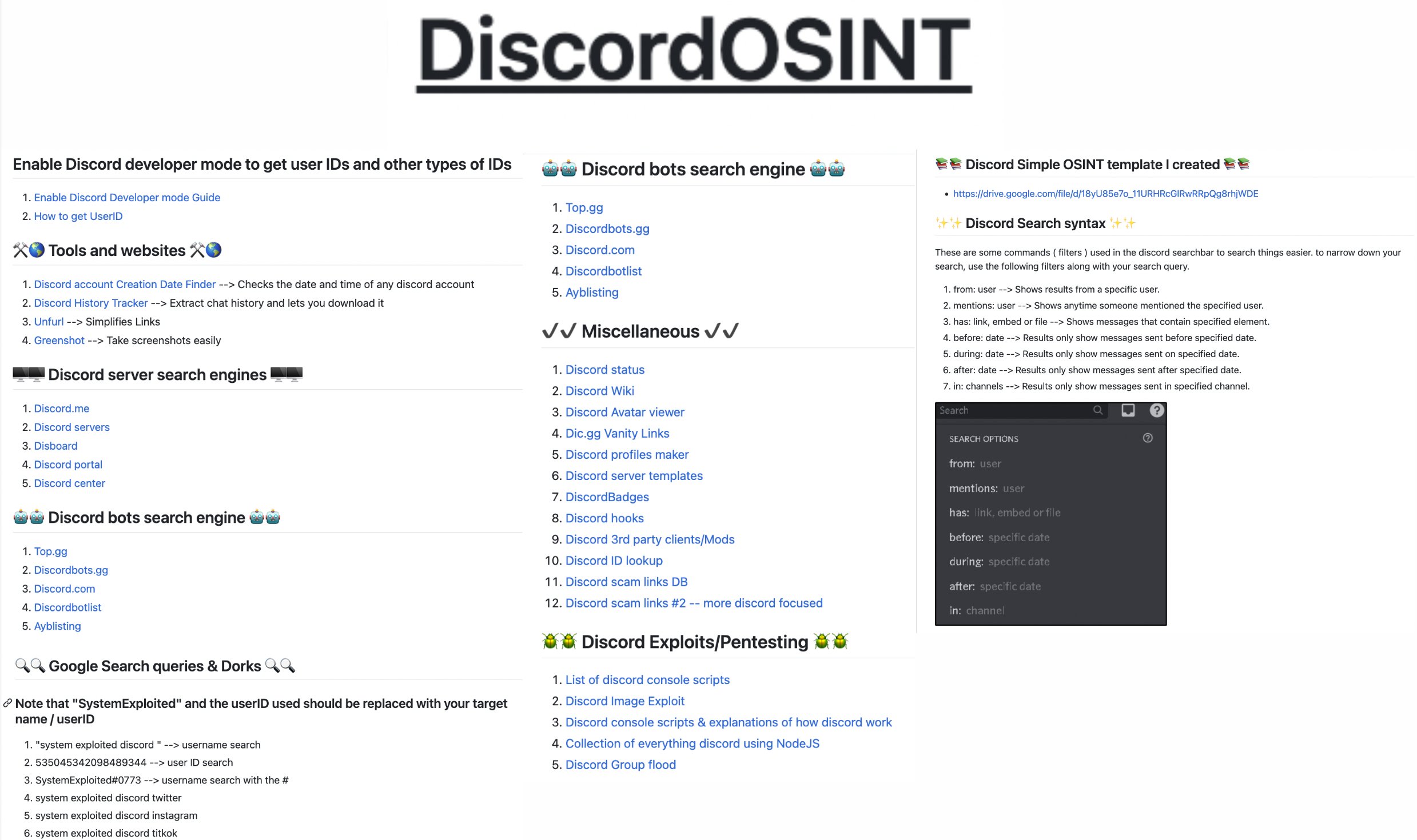 Cyber Detective💙💛 on X: DiscordOSINT Tools and websites Discord server  search engines Discord bots search engine Discord Exploits/Pentesting  Discord Search syntax Google Search queries & Dorks and more.   #osint #socmint https