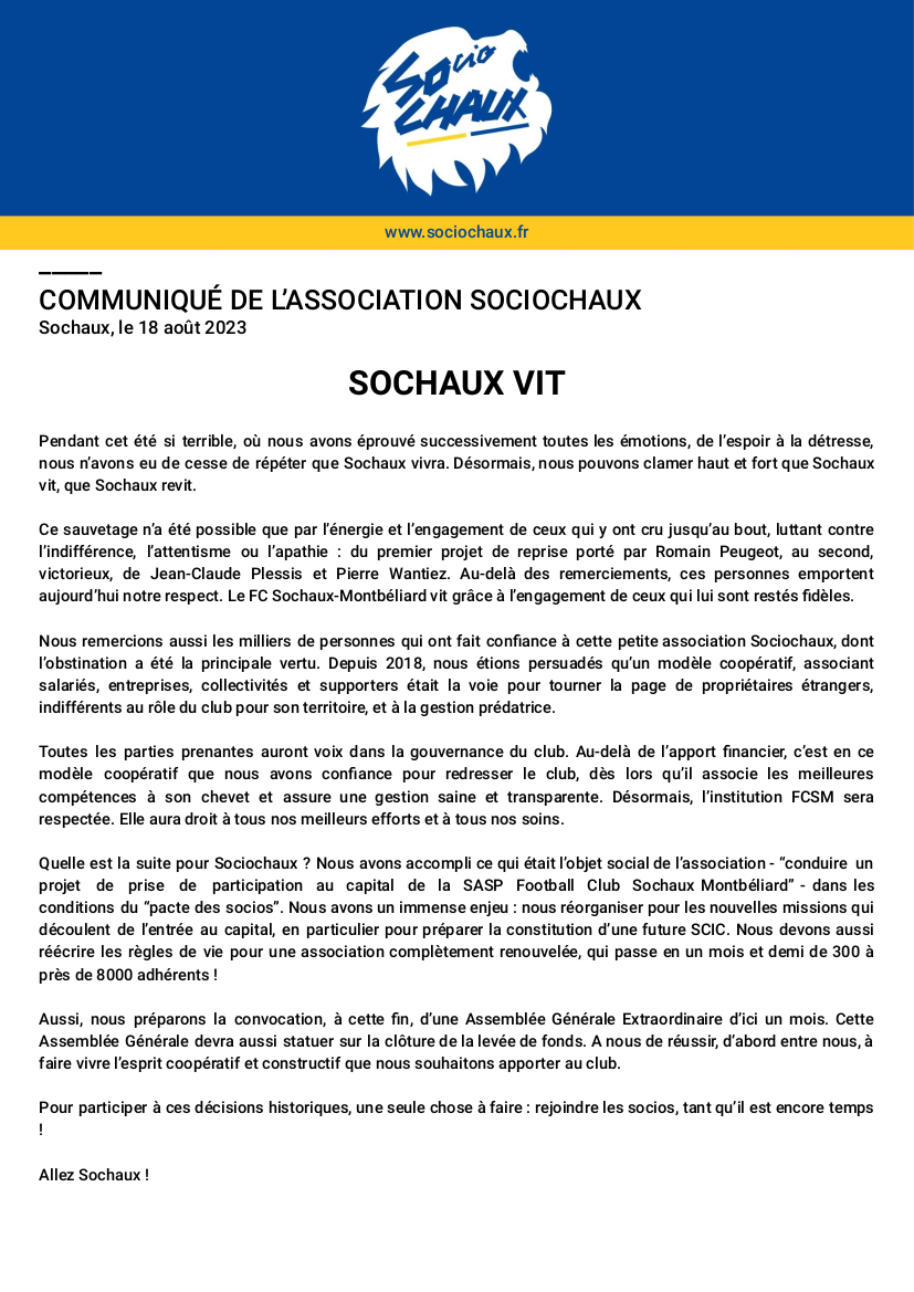 sociochaux_asso's tweet photo. 🟡🔵 COMMMUNIQUÉ
Sochaux vit, Sochaux revit grâce au dévouement de Jean-Claude Plessis, Pierre Wantiez et la mobilsation de tous les fidèles du club 🦁. Quelles suites désormais pour l'association ? ⤵️ https://t.co/QkOS94ewtj