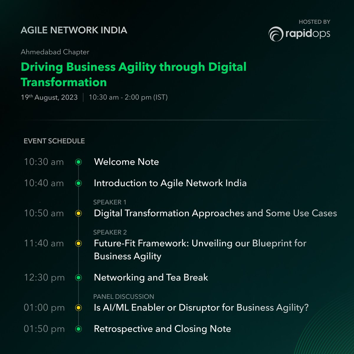 📢 Rapidops Inc. is excited to host the Agile Network India Ahmedabad Chapter event on August 19, 2023. 

⏱ This is your last chance to book your seat for this exclusive event!

🔗 Register now at: shorturl.at/V1567.

Only a few seats left!

#Rapidops #ahmedabad