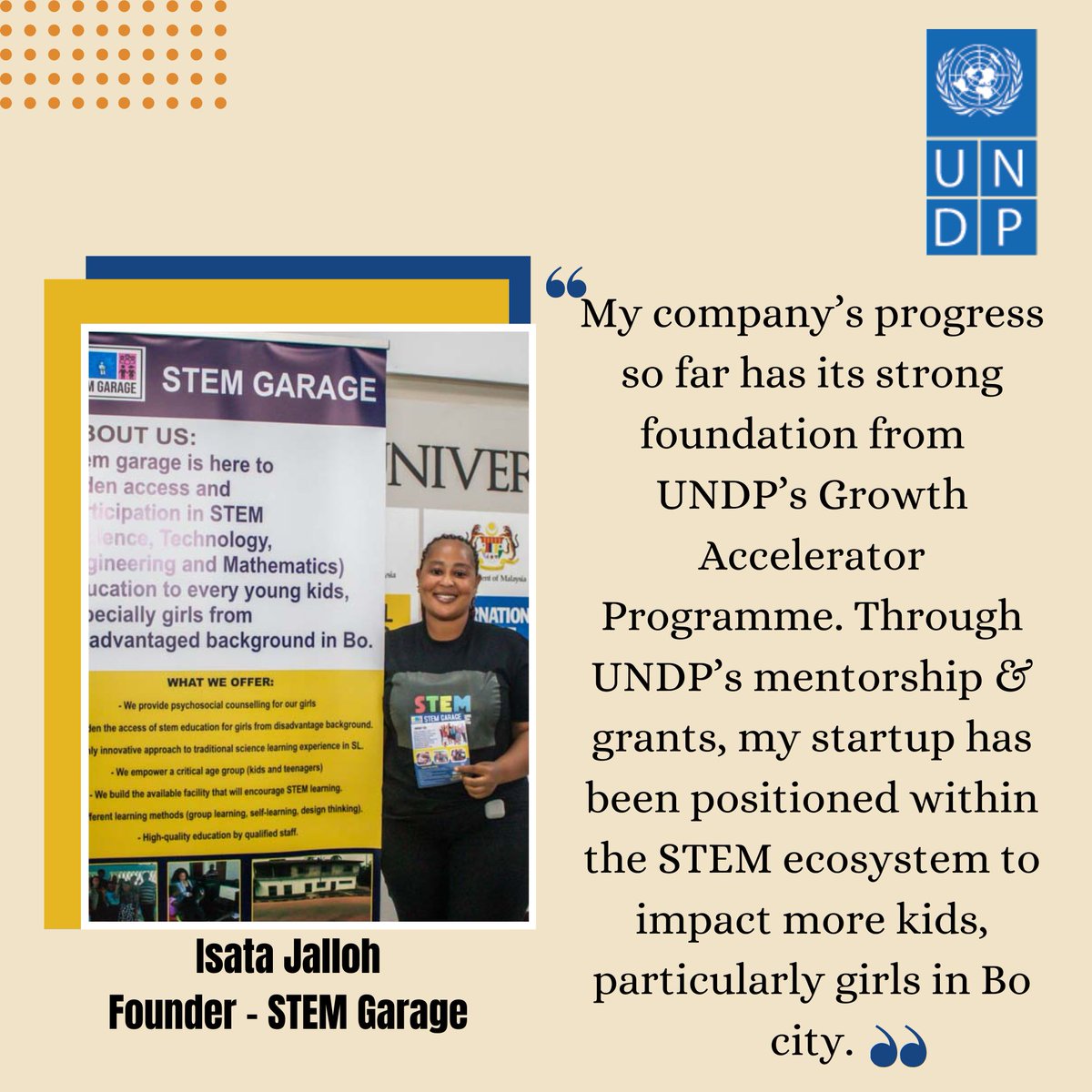 UNDPSierraLeone's tweet photo. Empowering youth startups fuels business growth. @UNDPSierraLeone supports young entrepreneurs like Isata Jalloh to tackle local challenges while boosting their business skills. Her #STEMGarage startup champions rural girls' access to STEM education.
#PAWAtotheyouth https://t.co/BiDjEId8uW