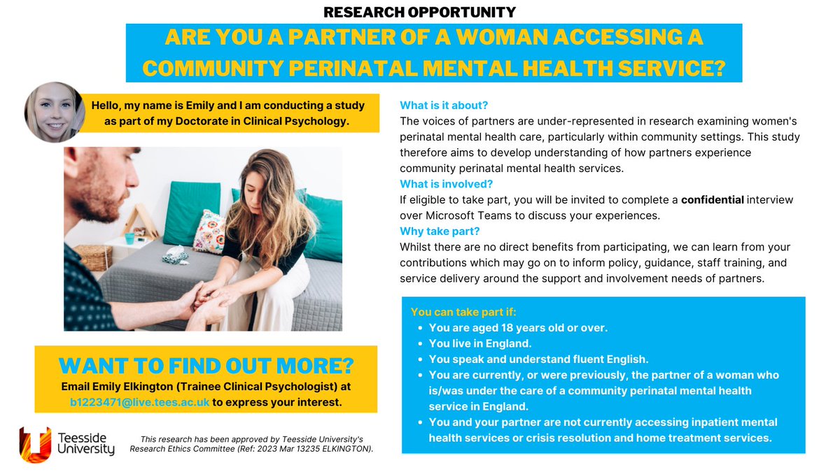 📢CALLING DADS AND NON-BIRTH PARTNERS 📢 Your support is needed for a study exploring how you may have experienced community perinatal mental health services. Read the flyer and get in touch on b1223471@live.tees.ac.uk to find out more 📧 #perinatalmentalhealth #dads #partners