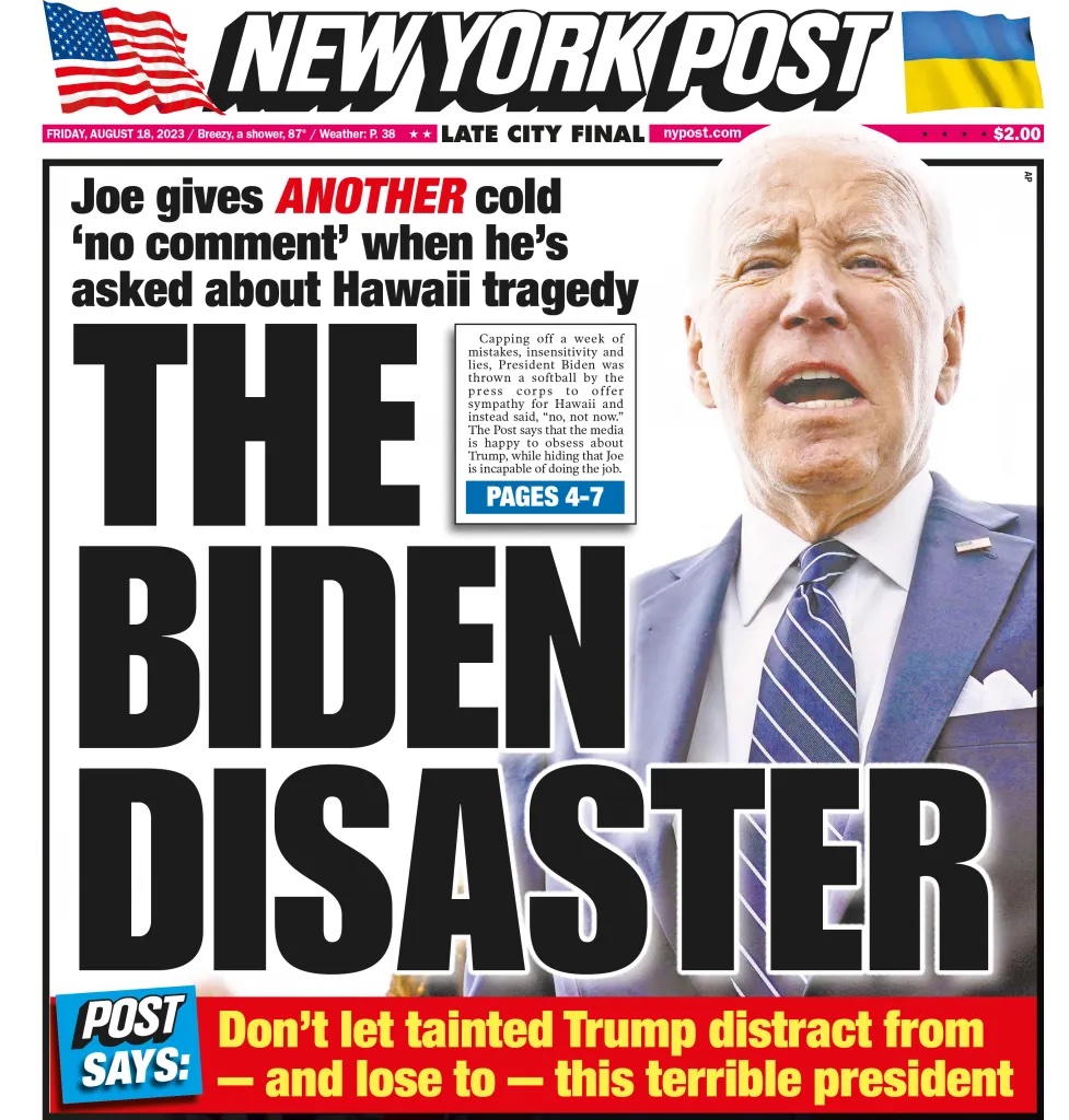 Today's cover: Biden refuses to answer questions about Maui trip as wildfire death toll hits 111: ‘No, not now’ trib.al/05qSwYY