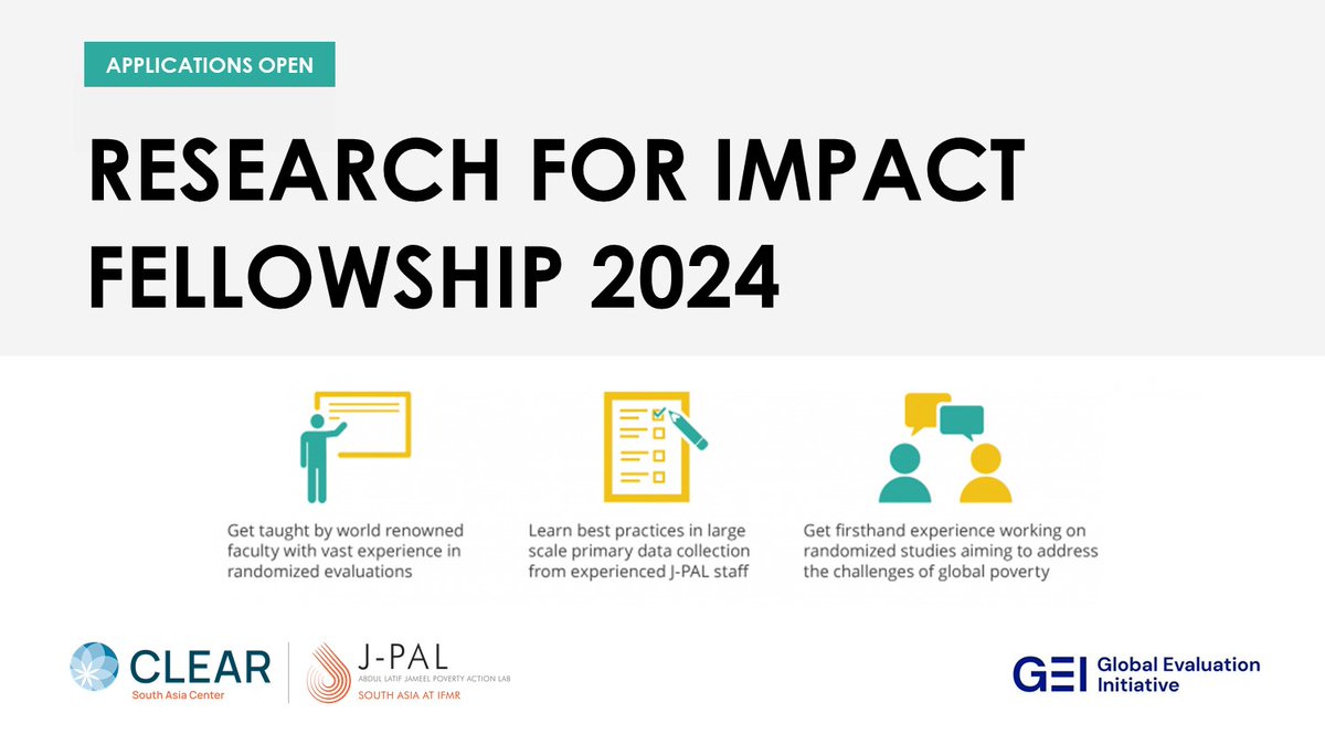 💡The Research for Impact Fellowship is designed to provide Indian PhD scholars holistic theoretical and practical training to conduct impact evaluations. Learn more & Apply now: j-p.al/rfi