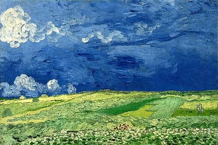 ..... (just need a little rain) .....
The sky belongs to all eyes
of each eye is the whole sky.
Every eye takes everything
and nothing is ever missing:
who looks at the sky last
he finds it no less brilliant.

GianniRodari

VincentvanGogh

'Wheatfield under a stormy sky' -1890