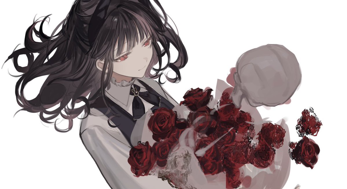 1girl solo flower black hair white background red eyes bouquet  illustration images