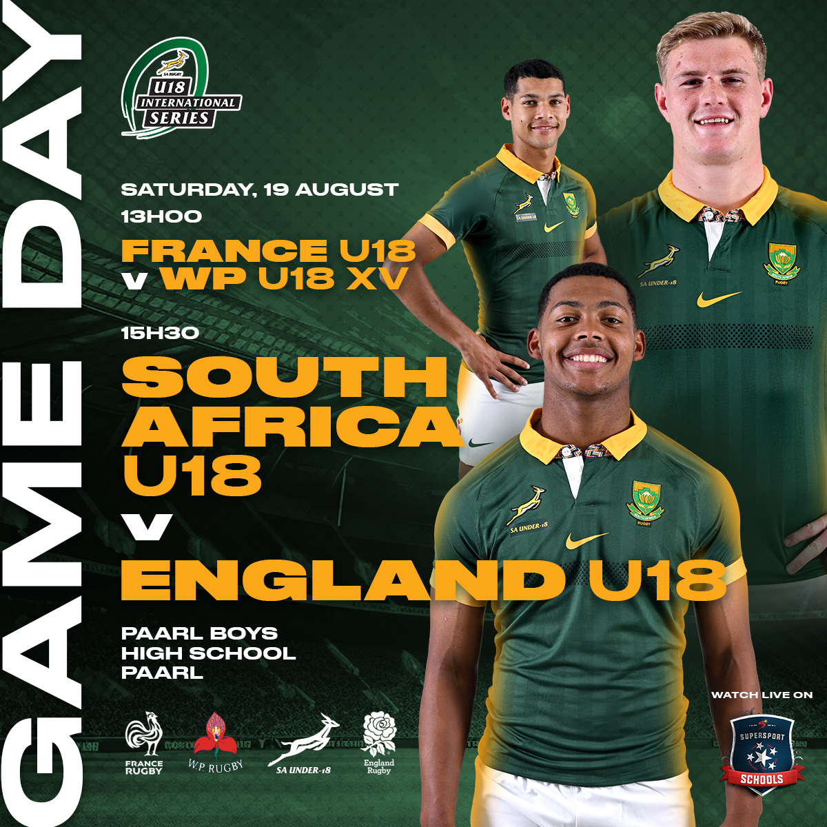 The U18 International Series wraps up with two big games in Paarl today - stream the action live here: tinyurl.com/5xxw3yrt 🧨
<a href="/ss_schools/">SuperSport Schools</a>