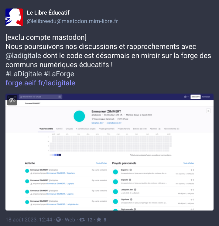 LeLibreEdu's tweet image. Comment ça "exclu compte Mastodon" ?!!!
Nous sommes jaloux !
On se console car voilà une excellente nouvelle ! ;)
#LaForge #LaDigitale
mastodon.mim-libre.fr/@lelibreedu/11…