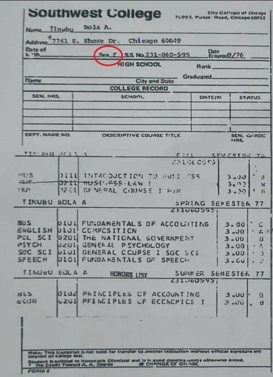 Urchilla01's tweet image. A gentle reminder, like I've been insisting since last year, that based on subpoenaed documents from SouthWest College, the Bola A. Tinubu, who attended Chicago State University, is gendered as female.

This is why I do not categorise people who still support this man as human.