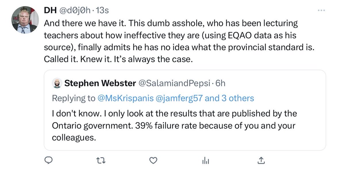 How many #OntEd parents know that right-wing news media & Conservative politicians’ reports of 39% failure rates on EQAO means that 61% of Ontario’s students earned 75% or higher on the assessment? 50% is not a pass on EQAO assessments: 75% is. 74% is a failure. #TheMoreYouKnow
