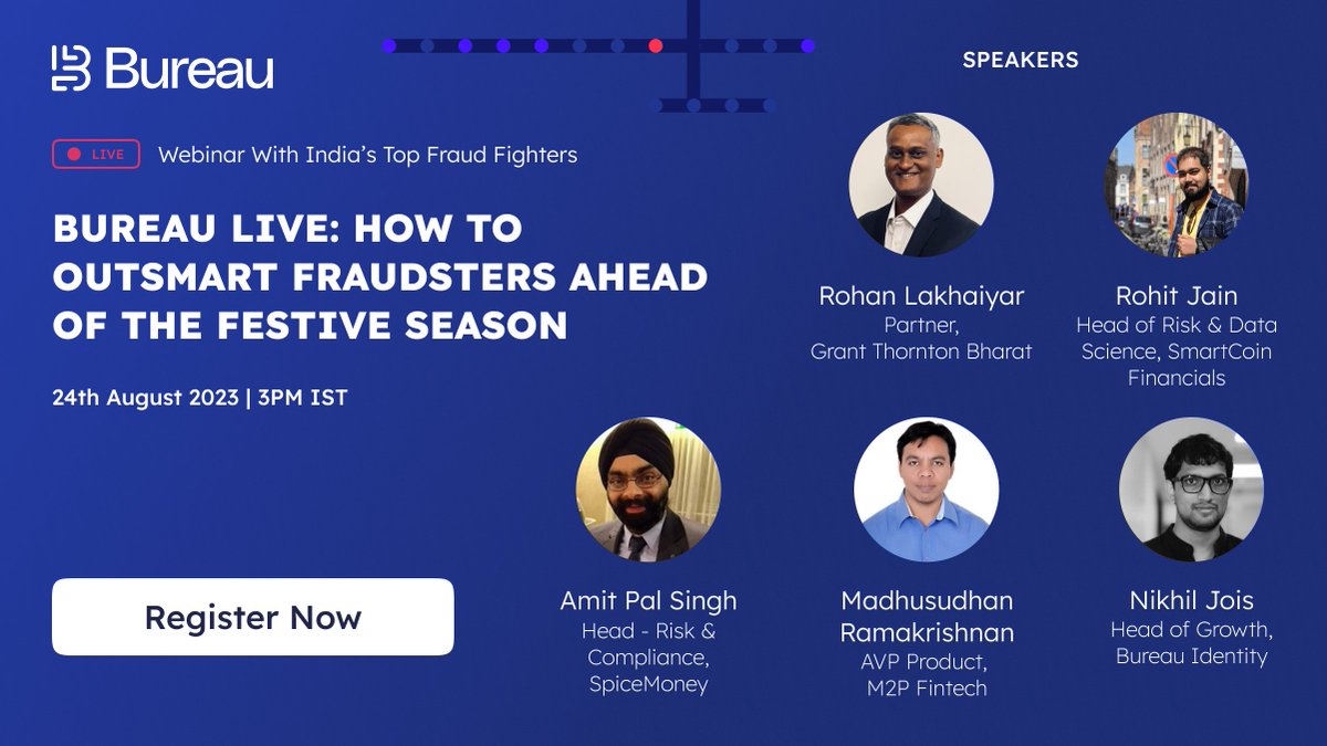 Bureau (@bureauidentity) on Twitter photo Webinar Alert! 🚨
"How to Outsmart Fraudsters Ahead of the Festive Season"
Esteemed panelists include <a href="/SpiceMoneyIndia/">Spice Money</a>, <a href="/m2pfintech/">M2P Fintech</a>, <a href="/GrantThorntonIN/">Grant Thornton Bharat</a>, @SmartCoinIndia, and our very own Head of Growth, <a href="/nikhiljoisr/">Nikhil Jois</a>
24th Aug 2023, 3 PM
Register here: bit.ly/3OJPnQe Webinar Alert! 🚨
"How to Outsmart Fraudsters Ahead of the Festive Season"
Esteemed panelists include <a href="/SpiceMoneyIndia/">Spice Money</a>, <a href="/m2pfintech/">M2P Fintech</a>, <a href="/GrantThorntonIN/">Grant Thornton Bharat</a>, @SmartCoinIndia, and our very own Head of Growth, <a href="/nikhiljoisr/">Nikhil Jois</a>
24th Aug 2023, 3 PM
Register here: bit.ly/3OJPnQe