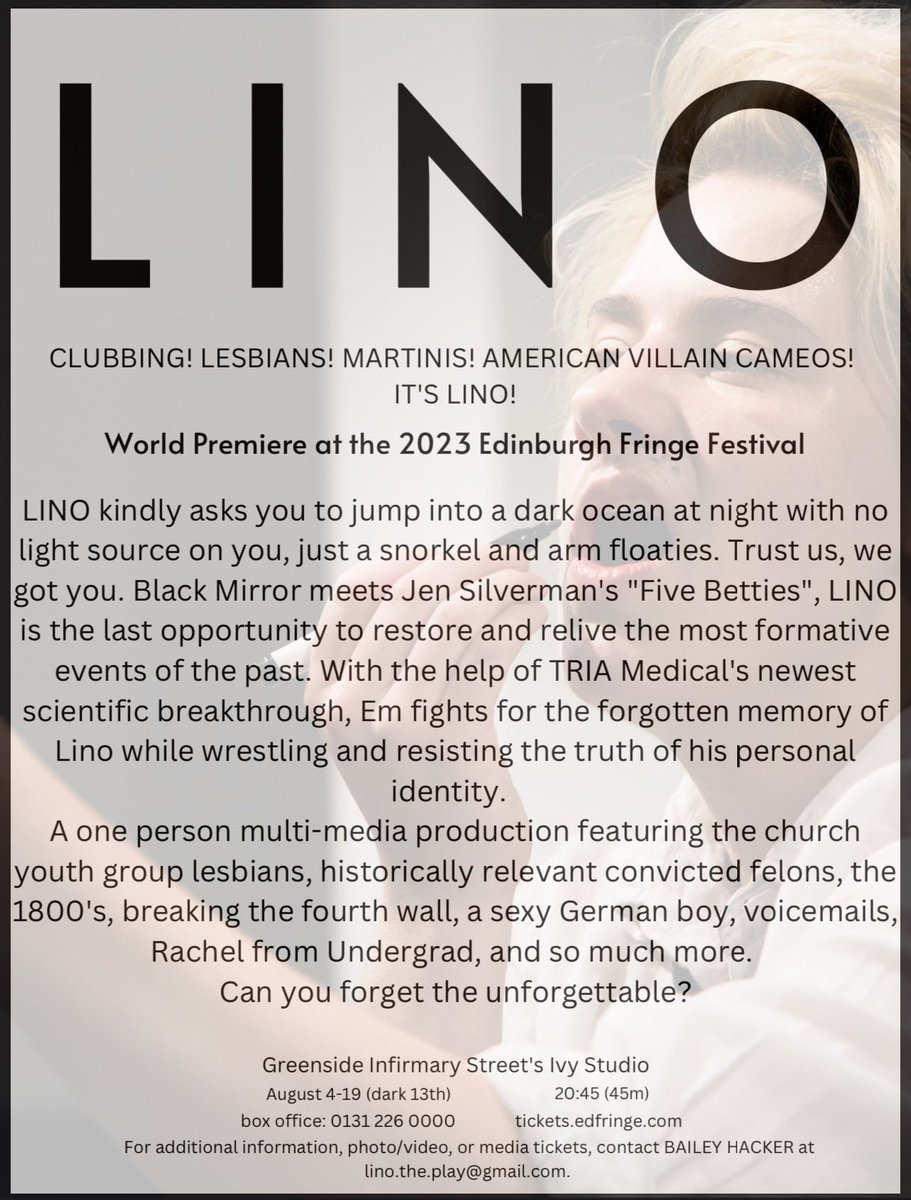LINO (@linotheplay) on Twitter photo 2 performances left of our Queer/Trans-Eternal Sunshine of the Spotless Mind
#tweetthemedia #edfringe #fillyerboots 2 performances left of our Queer/Trans-Eternal Sunshine of the Spotless Mind
#tweetthemedia #edfringe #fillyerboots