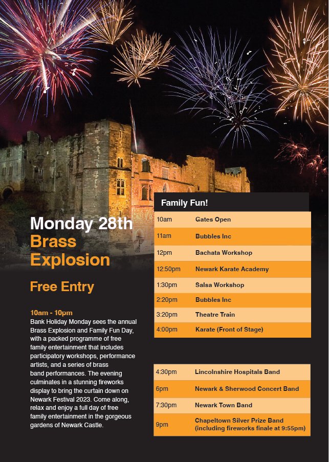 📅 Monday 28th August
📍 Castle Gardens

Monday sees the annual Brass Explosion and Family Fun Day, with a packed programme of free family entertainment!

Finish the Bank Holiday Festival with a bang by witnessing our firework finale🎆🎇
