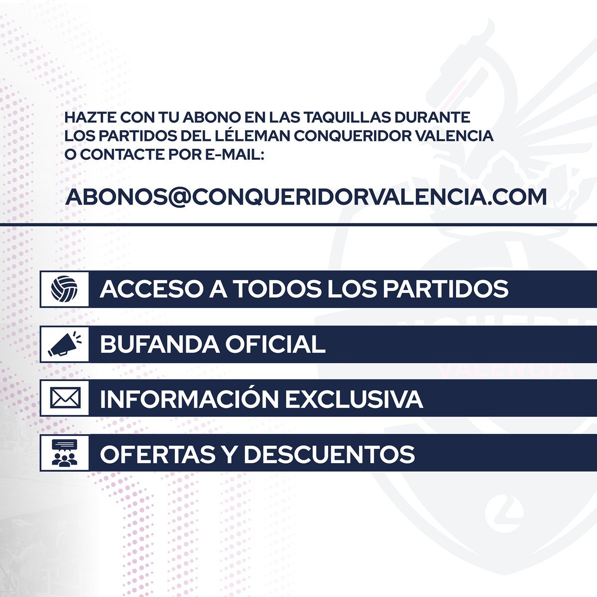 UPV Léleman Conqueridor (@conqueridorv) on Twitter photo 👨👩👧👧 VIVE EL VOLEY A OTRO NIVEL CON EL UPV LÉLEMAN CONQUERIDOR EN LA SUPERLIGA
Desde 100€.
🎟️ ENTRADA PARA TODOS LOS PARTIDOS COMO LOCAL -INCLUÍDOS PLAYOFFS-
🧣 BUFANDA OFICIAL
⬇️ DESCUENTOS ESPECIALES
🧾 RESERVA EL TUYO EN: abonos@conqueridorvalencia.com
#VamosConque 👨👩👧👧 VIVE EL VOLEY A OTRO NIVEL CON EL UPV LÉLEMAN CONQUERIDOR EN LA SUPERLIGA
Desde 100€.
🎟️ ENTRADA PARA TODOS LOS PARTIDOS COMO LOCAL -INCLUÍDOS PLAYOFFS-
🧣 BUFANDA OFICIAL
⬇️ DESCUENTOS ESPECIALES
🧾 RESERVA EL TUYO EN: abonos@conqueridorvalencia.com
#VamosConque
