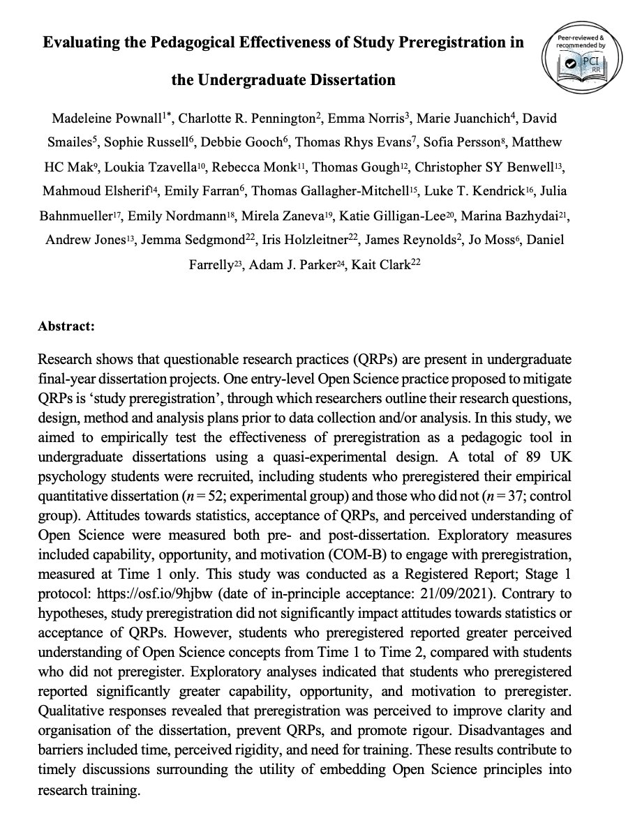Dr Madeleine Pownall (@maddi_pow) on Twitter photo Ending a great week with the very happy news that our longitudinal Stage 2 Registered Report which evaluated whether there is a pedagogical benefit to preregistering student dissertations has been accepted for publication! <a href="/PCI_RegReports/">PCI Registered Reports (@pcirr@spore.social)</a> psyarxiv.com/xg2ah Ending a great week with the very happy news that our longitudinal Stage 2 Registered Report which evaluated whether there is a pedagogical benefit to preregistering student dissertations has been accepted for publication! <a href="/PCI_RegReports/">PCI Registered Reports (@pcirr@spore.social)</a> psyarxiv.com/xg2ah