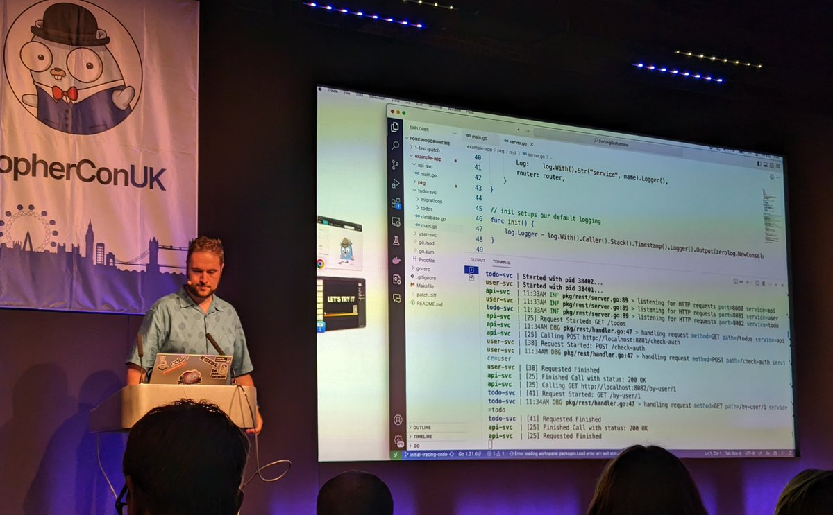nicholascwng's tweet image. @encoredotdev's Dominic Black showing us forked Go runtime to add tracing to goroutines 🍴🤯 #gopherconuk