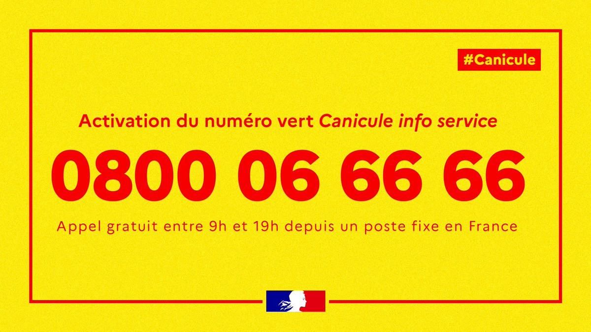 #Canicule | Activation du numéro vert Canicule info service ⚠️
📞 0 800 06 66 66 : un numéro gratuit pour obtenir des conseils de protection pour vous et votre entourage.
☎ En cas de malaise, forte #fièvre ou propos incohérents 👉 composez le 15.