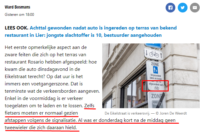 In een artikel over een auto die inrijdt op een terras, de fietsers wat afkatten. <a href="/Nieuwsblad_be/">Nieuwsblad.be</a> kan dat. Bovendien onterecht want <a href="/wardbosmans/">Ward Bosmans</a> moet duidelijk verkeersborden leren lezen voor hij met modder gooit.