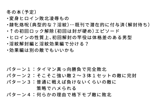 なんか昨日の2種類アンケがちょっと噛み合わない雰囲気あるので
ひとまずエロ漫画としての実質的な内容目線で整理してアンケ取ろうかなと(惨敗惜敗はエロシチュとしては影響度薄めなのでひとまず保留) 