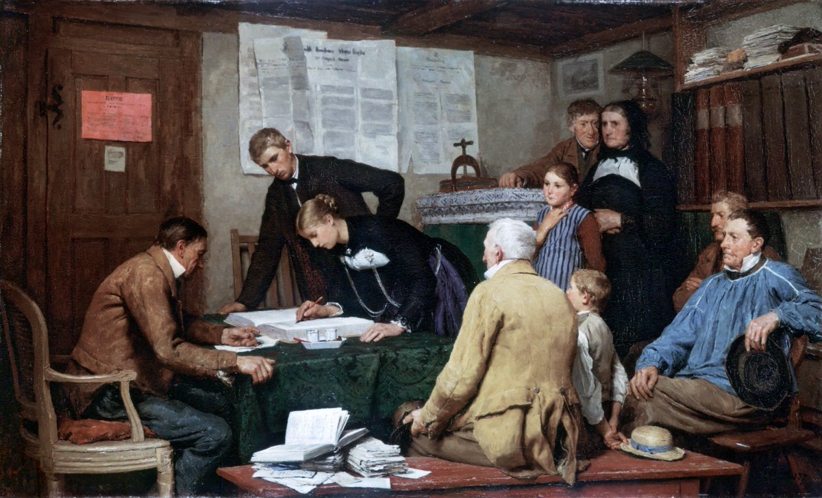 This painting from 1887, 'Die Ziviltrauung' (The Civil Wedding), by Albert Anker (1831-1910) seems more like a contemporary slice of life than yesterday's painting. #albertanker #albrechtsamuelanker #switzerland