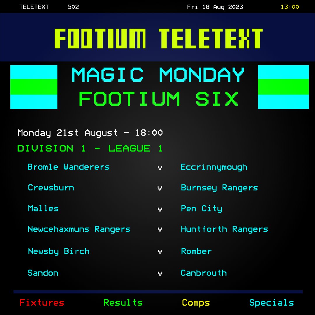 #FootiumSix is back!

Follow both <a href="/Footium/">Footium</a> and <a href="/FootiumTeletext/">Footium Teletext</a>, retweet and comment 👇with your score predictions for each match and the time of first goal on the night.

3 points for a correct score, 1 point for correct result. 

Winner will win... A #FOOTIUM BADGE UPGRADE! 🎉