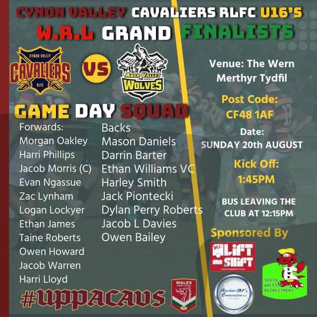 CynonFc's tweet photo. Our under 16s squad for the Grand Final Sunday. Good luck to all involved and also to ⁦⁦@AberValleyW⁩ our opponents. Let’s all enjoy a great day and may the best team win. ⁦@WalesRugbyL⁩ #uppacavs⚔️⚔️🏉💛❤️🖤 https://t.co/20A19e3CIM