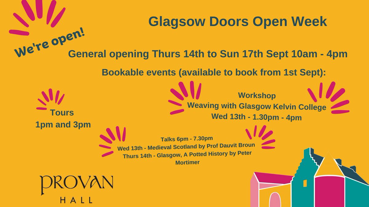 #glasgowdoorsopenweek

Talks, tours and workshops as well as general opening. All free! Bookable events available to book from 1st September. Watch this space for booking links.

#glasgowdoorsopenday #doorsopen #doorsopenweek #provanhall #easterhouse #glasgow #glasgowevents