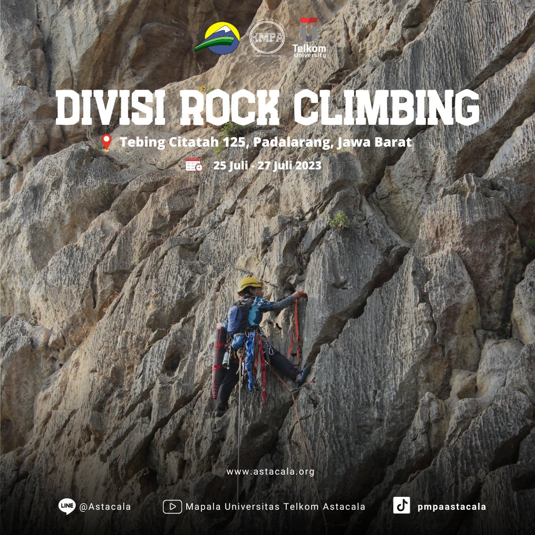 ASTACALA 
Divisi Rock Climbing  ASTACALA sudah selesai melakukan pemanjatan di Tebing Citatah 125, Padalarang, Jawa Barat. Pemanjatan dilakukan pada tanggal 25 Juli - 27 Juli 2023 dengan implementasian materi Rock Climbing.
#astacala #telkomuniversity