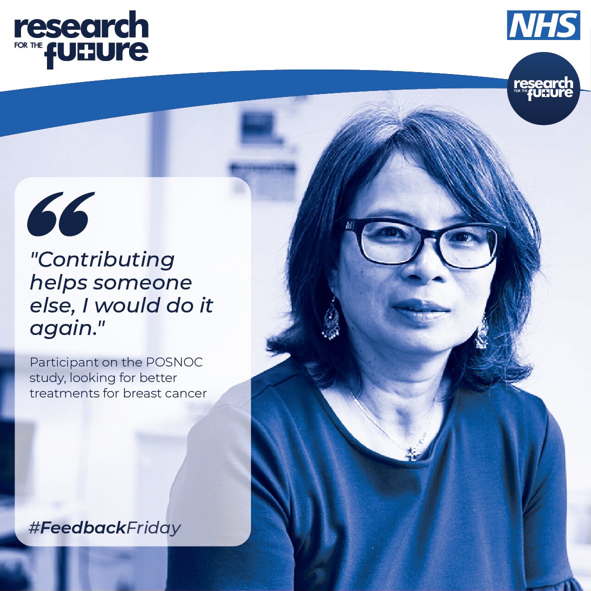 Research_Future's tweet image. &quot;Contributing helps someone else, I would do it again.&quot;

Participant on the POSNOC study, looking for better treatments for breast cancer
#FeedbackFriday #ResearchForTheFuture
