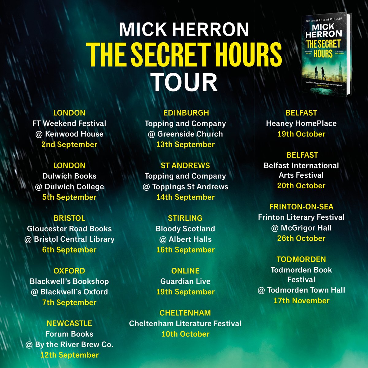 🚨 MICK HERRON'S GOING ON TOUR 🚨 Over the next few months, Mick will be visiting bookshops all over the UK to talk about his new novel, The Secret Hours. We can't wait to see you there! 🎟️ Tickets are available here: linktr.ee/thesecrethours… #ReadTheSecretHours @DHAbooks