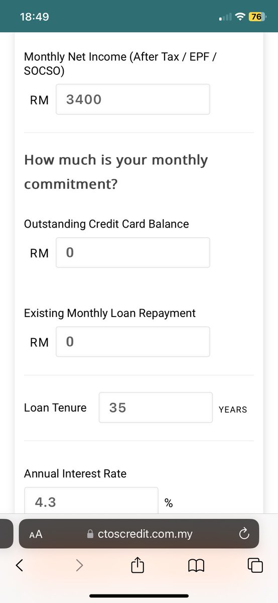 rinafarisya's tweet photo. For anyone who wants to check themselves, can use this website

https://t.co/pLgWKERBwr

RM3.8k belum tolak EPF SOCSO. By right, you are eligible. If rumah RM420k, est monthly payment RM1,800. Tak termasuk maintenance fees lagi. Maybe RM2,000.

Tinggal RM1.4k https://t.co/CArRDmwyis