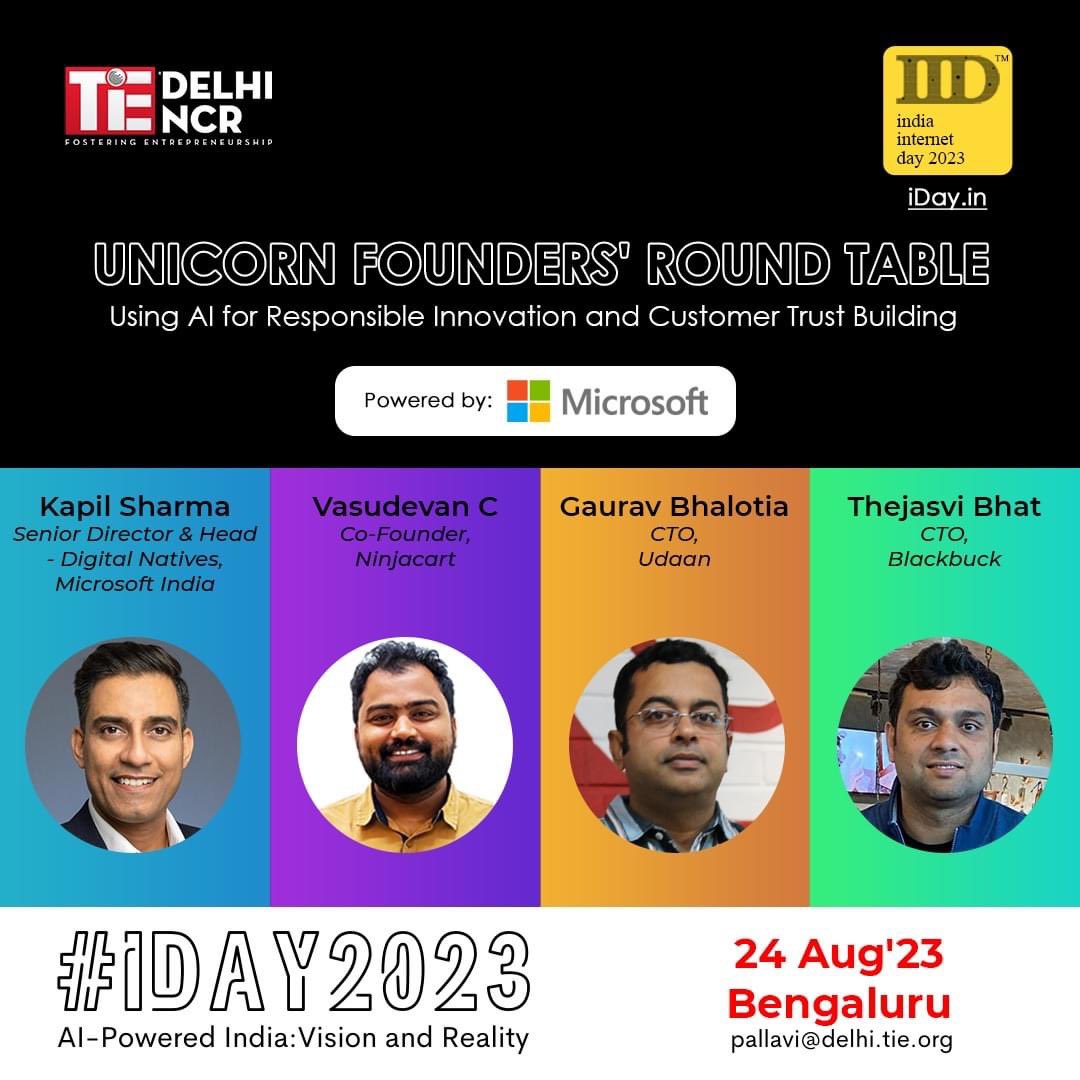 Join #iDay2023 for powerful sessions: - Gen AI workshop - Unicorn Founders’ Roundtable: AI for Responsible Innovation Powered by @Microsoft, these sessions offer cutting-edge AI insights. 🗓 Aug 24: Bengaluru, Aug 25: Delhi-NCR. 🔗: events.tie.org/IndiaInternetD…