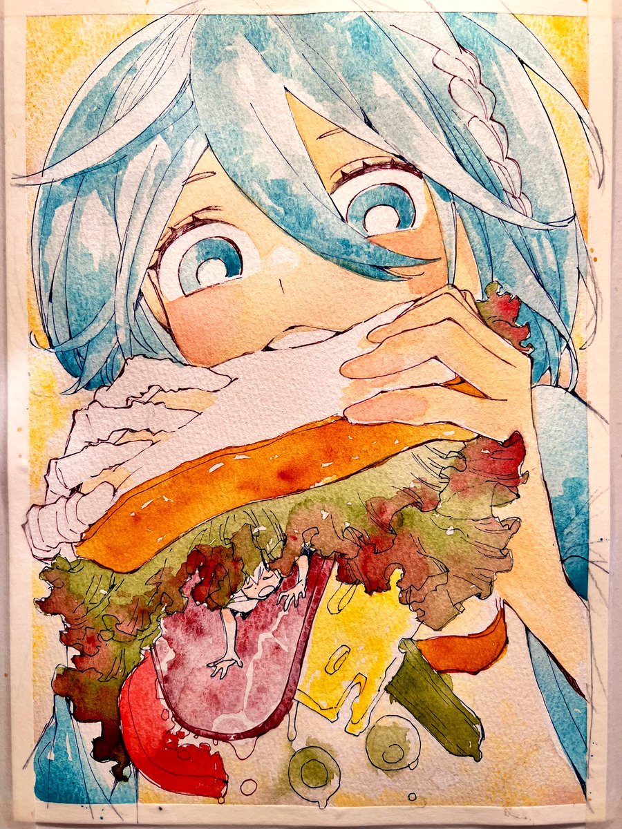 food solo 1girl holding food eating lettuce burger  illustration images
