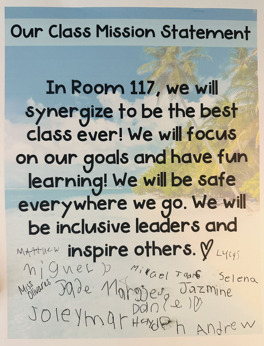 My absolute favorite way to creat a class mission statement 🥰 every student writes down some keywords/their vision for our classroom. The students then work together to incorporate the reoccurring words into complete sentences. Each year it’s different, but so special 🤩